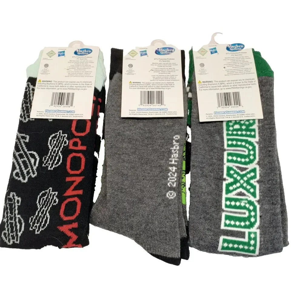 Hasbro Monopoly Man Money Classic Board Game Men Novelty Socks 3 Pair 6-12 NWT